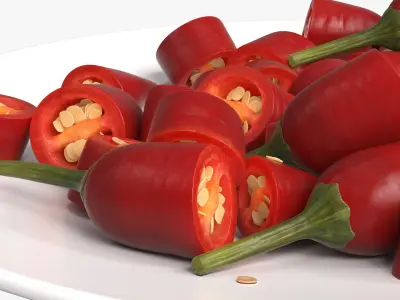 Sliced Chili Peppers with Seeds on Plate Red 3D model