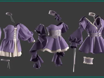 3 female anime clothes 3D model