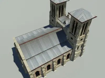 Cathedral church with two towers Low-poly 3D model