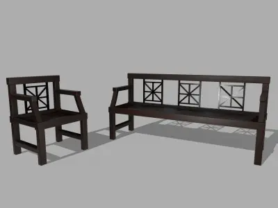 Outdoor Bench and Chair Low-poly 3D model