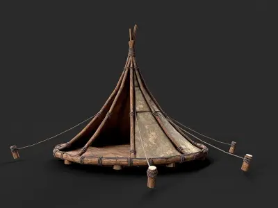 Primitive Wood and Fabric Tent Shelter 4 Low-poly 3D model