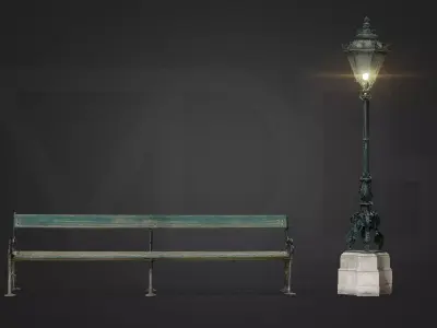 Old Imperial Street Lamp and Park Bench from Austrian Palace Low-poly 3D model