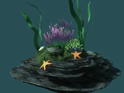 Coral rock with seaweed and starfish 3D model