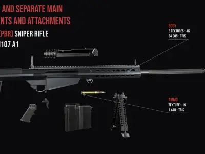 Modular Anti materiel sniper rifle Barrett M107A1 Low-poly 3D model