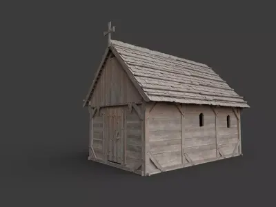 Enterable medieval wooden chapel Low-poly 3D model
