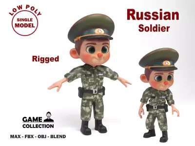 Russian soldier cartoon Low-poly 3D model