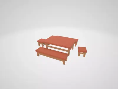 A set of minimalistic table with chairs and benches Low-poly 3D model