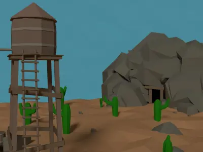 LowPoly Western Mine with Water tower Low-poly 3D model