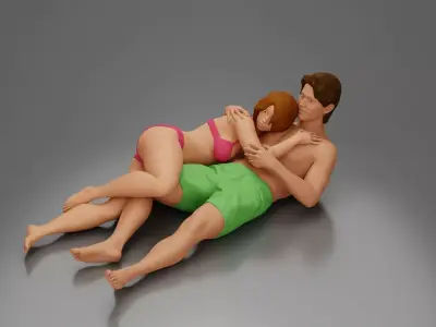 Couple cuddling affectionately on pillows wearing underwear 3D print model