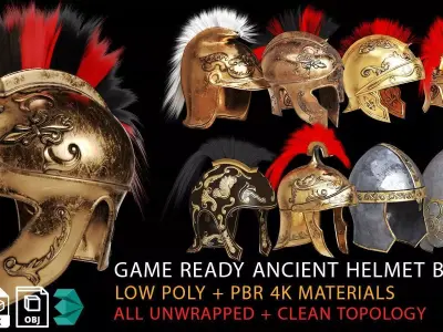 textured ANCIENT HELMET BUNDLE Low-poly 3D model