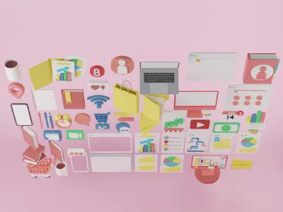 Set of 3d business stuffs that useful on the desk in office 3D model