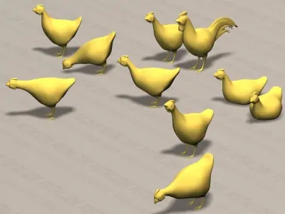 Chicken Ranch - Rooster and 9 Posed Hens - White  -  3D model
