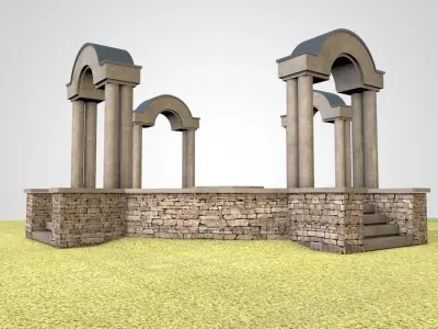 Pavilion circular stone structure on grassy field Low-poly 3D model