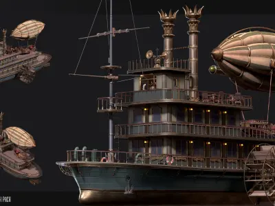 Steampunk Passenger Ship Model Game Ready Kitbash Textured Low-poly 3D model