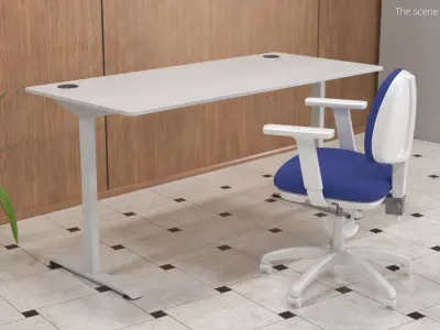 Workstation Table with Rolling Armchair White 3D model