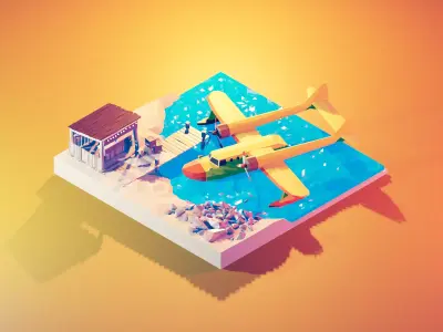 Plane TaleSpin Low-poly 3D model with water and rock and house 3D model