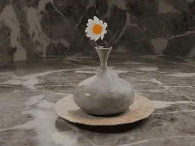 Realistic Marble Flower Vase with Daisy on Stone Plate Free 3D model