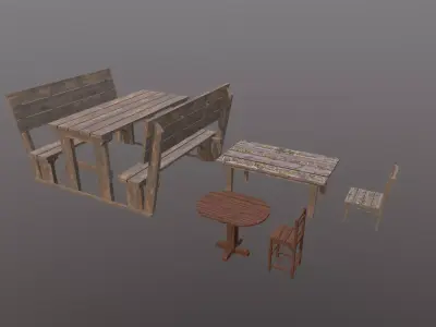 Medieval tables Medieval chairs Low-poly 3D model