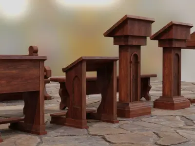 Medieval Church furniture Low-poly 3D model