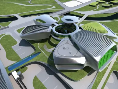 Museum 2 futuristic building in middle of grassy field 3D model