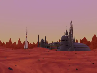 Stylized Martian Environment with  Spacecraft Rocket and Base 3D model