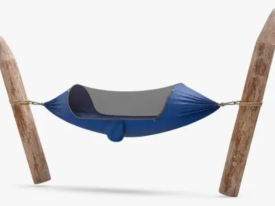 Survival Hammock Attached to Wooden Stakes 3D model