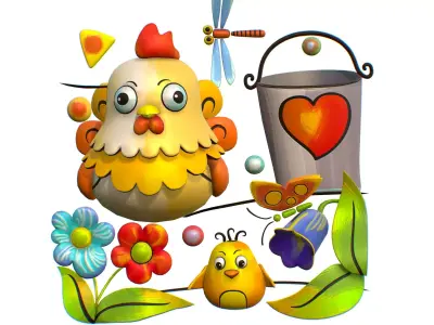 Cartoon 3D illustration Farm Scene Chicken Chick Low-poly 3D model