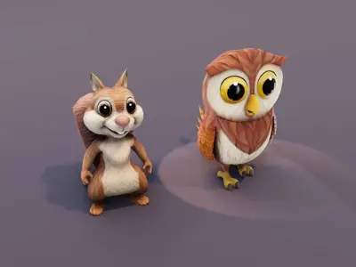 Cartoon Woodland Creatures - Animated Squirrel and Owl 3D Models Low-poly 3D model