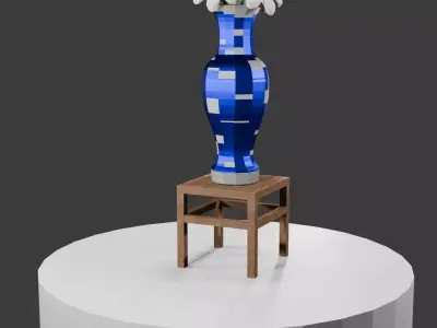Decorative Vase with Flowers on Wooden Stool Free 3D model