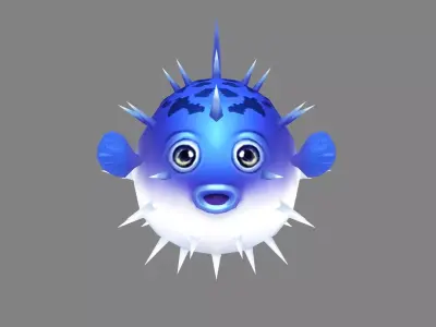 Cartoon blue pufferfish Low-poly 3D model