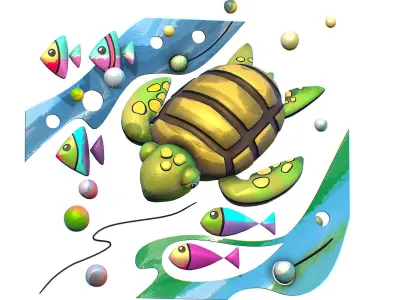 Cartoon 3D illustration Sea Animal Turtle Fish Low-poly 3D model