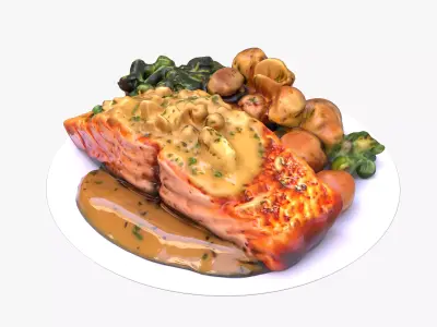Salmon  with Crispy Potatoes and  Broccolis Low-poly 3D model