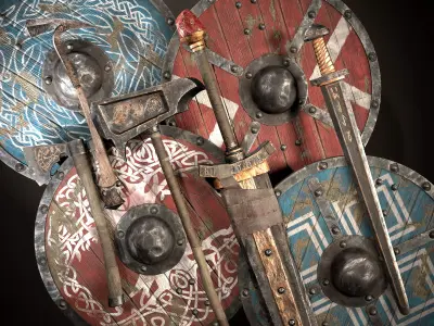 Viking Sword Axe War hammer Great sword Great war hammer Shields Low-poly 3D model