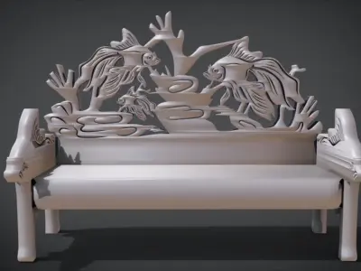 Unique Long Chair Ornament with Fish Ornament motif Low-poly 3D model