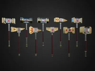 50 War hammers pack Low-poly 3D model
