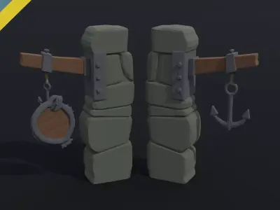 Cartoon fantasy port road sign Polygonal Style Low-poly 3D model