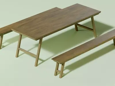 rustic  table  and two benchs 3D model