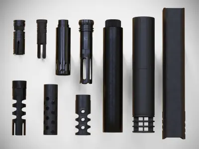 Barrel Attachments Pack - Flash - Muzzle - Suppressor - PBR Low-poly 3D model
