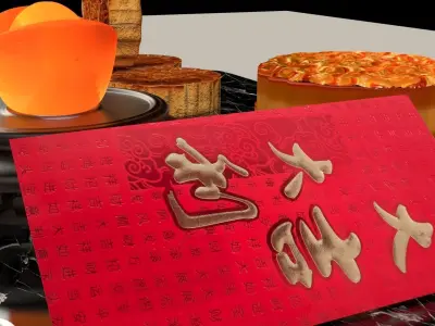 Chinese mooncake with yuan boa and red envelope 3D model