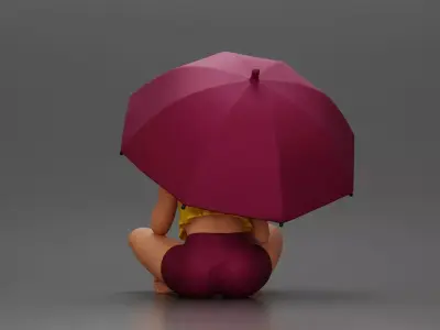 Girl with hair holding umbrella sitting in thoughtful pose 3D print model