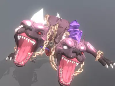 HYBRID Monster Double Head Hyena Dog IDLE Attack 3D model