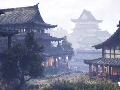 Feudal Japanese Castle Environment Low-poly 3D model