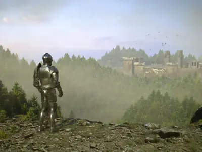 Castle man in armor on hill overlooking Low-poly 3D model