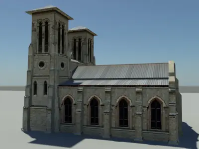 Cathedral church with two towers Low-poly 3D model