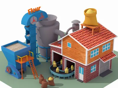 Lowpoly Flour Factory for game Free low-poly 3D model