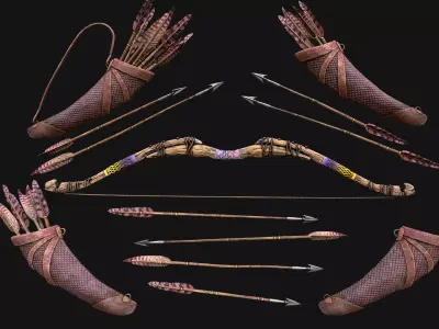Wooden Bow and Quiver Arrows Fair Medieval Low-poly 3D model