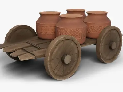 Wooden Cart With Pots Low-poly 3D model