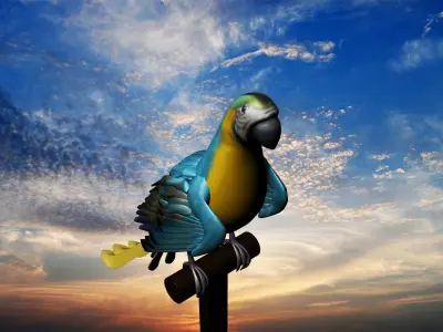 3d Bird model parrot perched on pole at sunset Low-poly 3D model