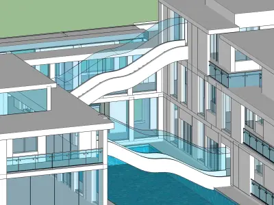 Detailed design of an office with water body and floating stairs 3D model