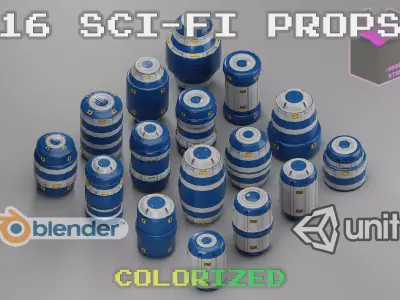 16 Sci-Fi Barrel Props Low-poly 3D model